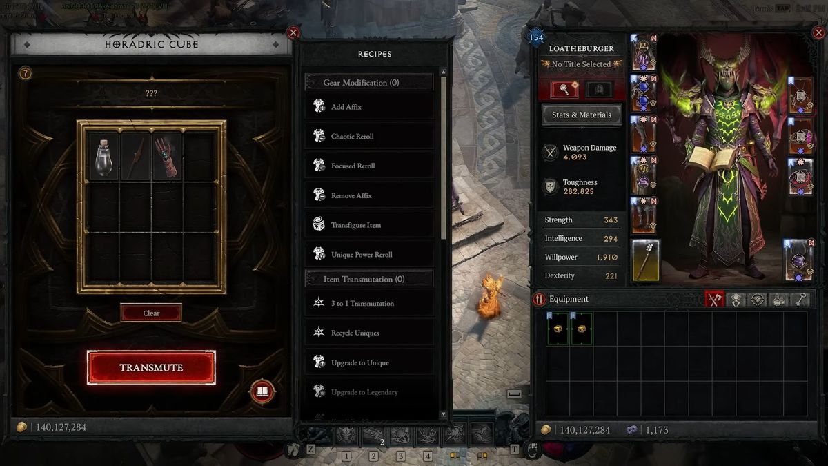 Screenshot of a Diablo 4 interface showing the "Horadric Cube" and character stats.