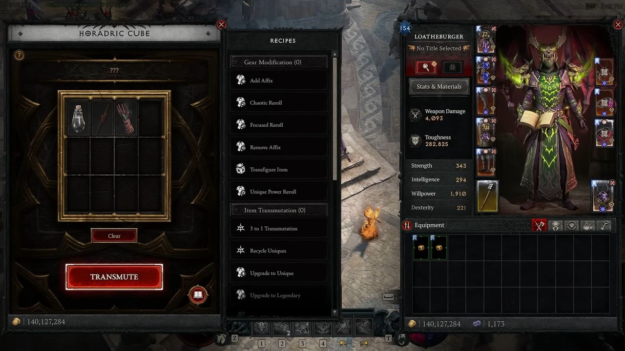 Screenshot of a Diablo 4 interface showing the "Horadric Cube" and character stats.