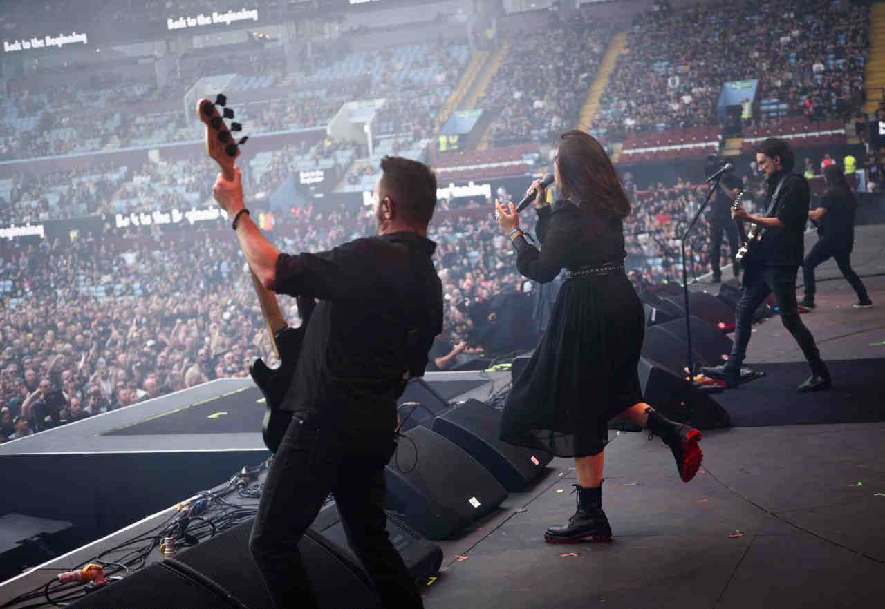 Opera singer Marina Viotti performing with Gojira at the Back To The Beginning show at Villa Park in July 2025