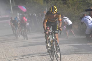 SIENA ITALY AUGUST 01 Wout van Aert of Belgium and Team JumboVisma Dust during the Eroica 14th Strade Bianche 2020 Men a 184km race from Siena to SienaPiazza del Campo StradeBianche on August 01 2020 in Siena Italy Photo by Tim de WaeleGetty Images