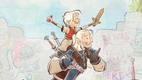 Childrens book stylized art of Geralt of Rivia giving Ciri a piggy back ride on the cover of the upcoming book, The Little Witcher.