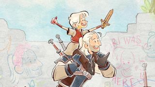 Childrens book stylized art of Geralt of Rivia giving Ciri a piggy back ride on the cover of the upcoming book, The Little Witcher.