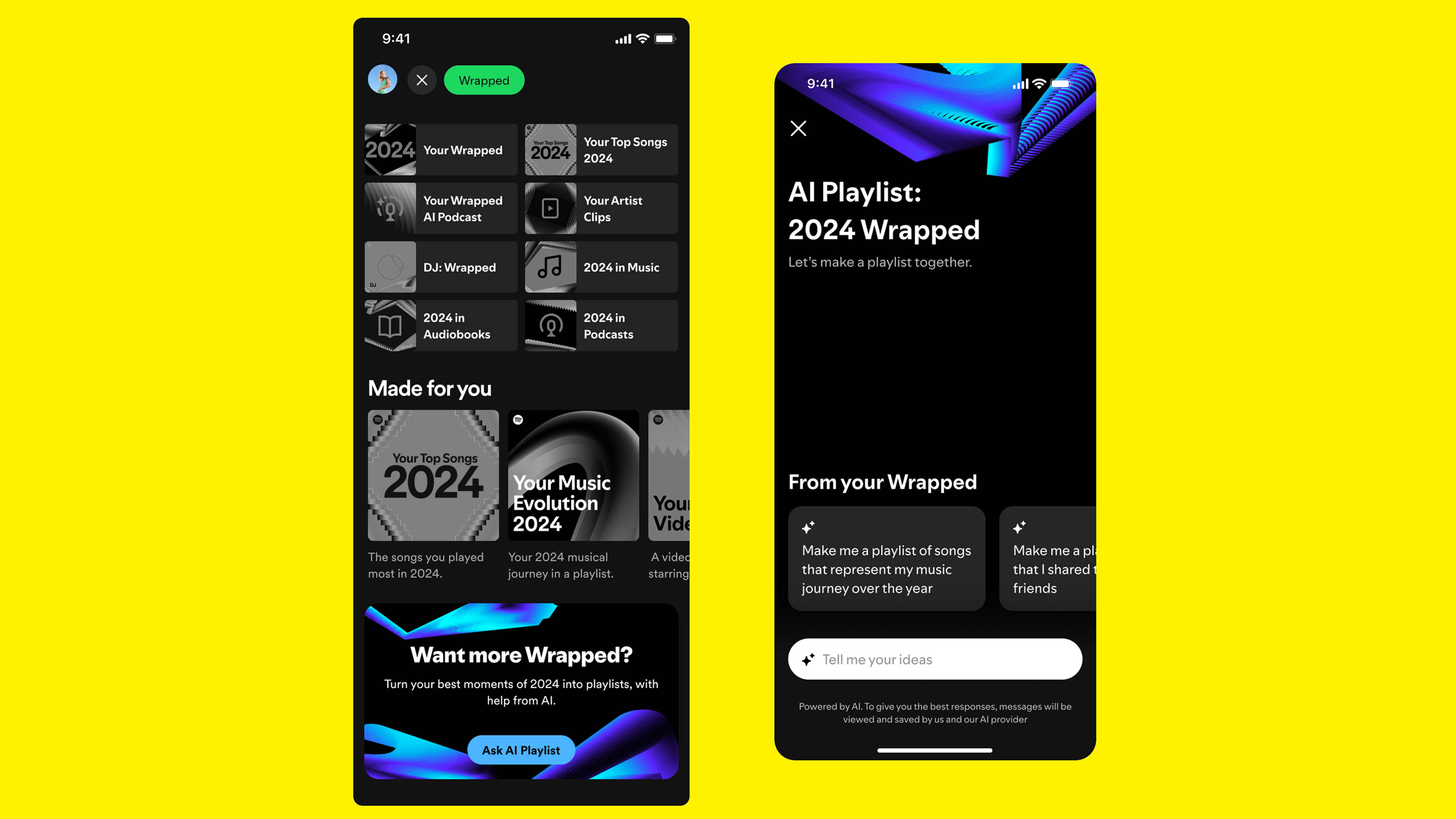 Two phone screens showing Spotify's AI playlists for Wrapped 2024