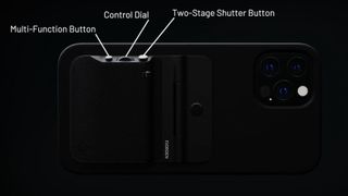 The rear of the Fjorden iPhone grip showing its controls