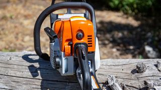 The rear of the Stihl MS170 as it lays on a log.