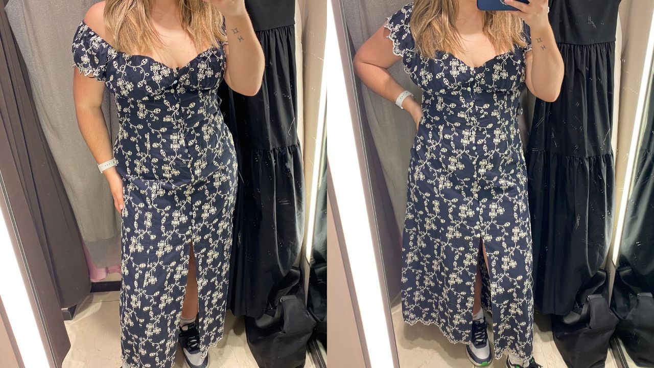 composite of our fashion writer wearing a zara embroidered midi dress