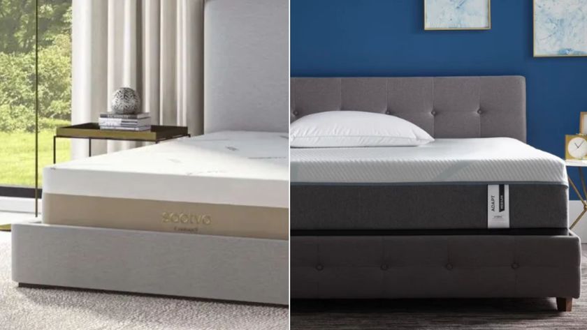 The image shows the Saatva Contour5 mattress on the left and the Tempur-Pedic Tempur-Adapt on the right in a side by side comparison 