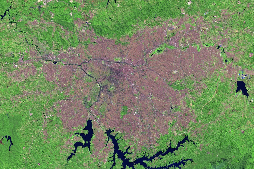 A satellite image taken by Landsat 8 on Sept. 1, 2013, shows the city of Sao Paulo, Brazil.