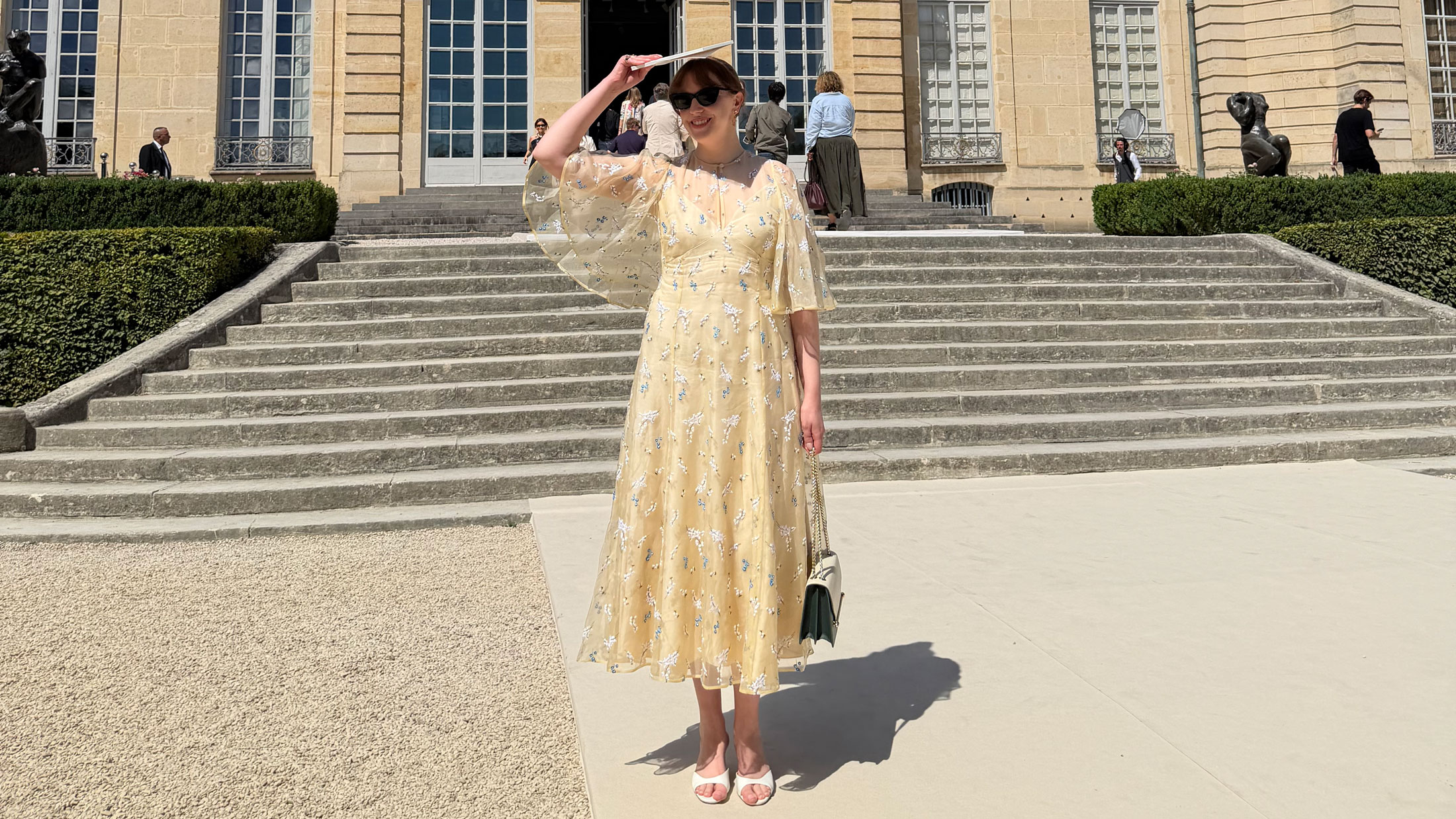 Fashion editor Erin Fitzpatrick wears an Erdem dress in Paris during Haute Couture Week