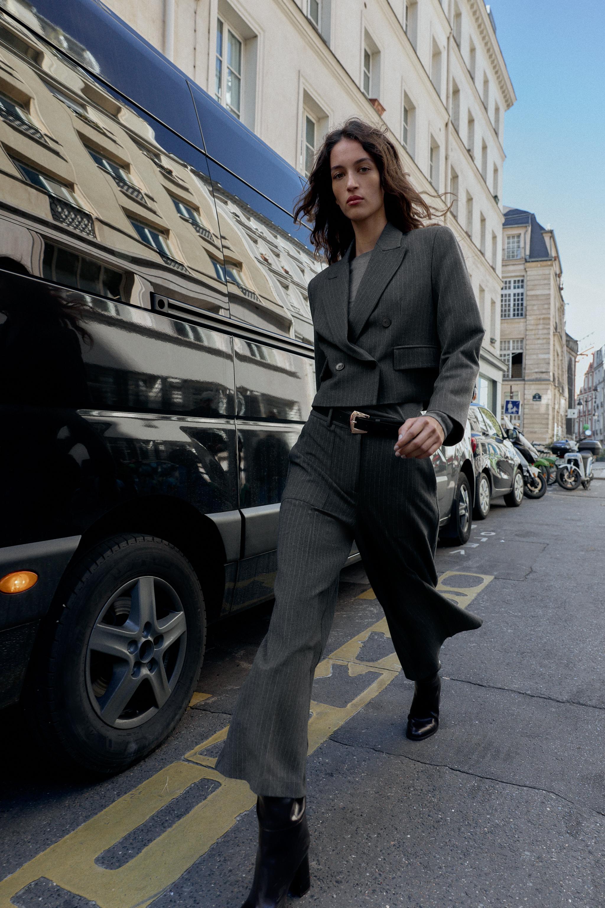 Double-Breasted Cropped Pinstripe Blazer