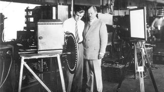 ‘Ground zero’ for ENG appears to be ‘on-the-scene’ coverage in August 1928 of New York Gov. Al Smith announcing his candidacy for U.S. president. The event was televised over General Electric’s Schenectady station, WGY. Ernst Alexanderson (right), who headed up GE’s early television research and was responsible for the live event coverage, is seen here with assistant Ray Kell, examining a 48-line mechanical scanner used in his TV broadcasting initiative.
