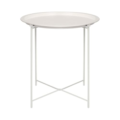 Harbour Housewares Round Tray Table With Removable Tray - Pack of 1 - Matte White Steel Bed Side Table Raised Lip Serving Dish Compact Collapsible Folding Stand for Bedroom, Home and Office