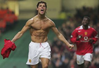 Cristiano Ronaldo celebrates with his shirt off after scoring for Manchester United against Wigan Athletic in the 2006 League Cup final.