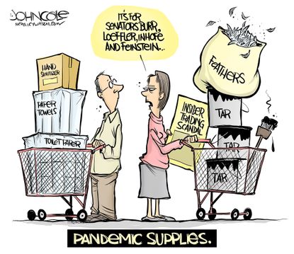 Editorial Cartoon U.S. Pandemic supplies Burr Loeffler Inhofe Feinstein insider trading tar feathers