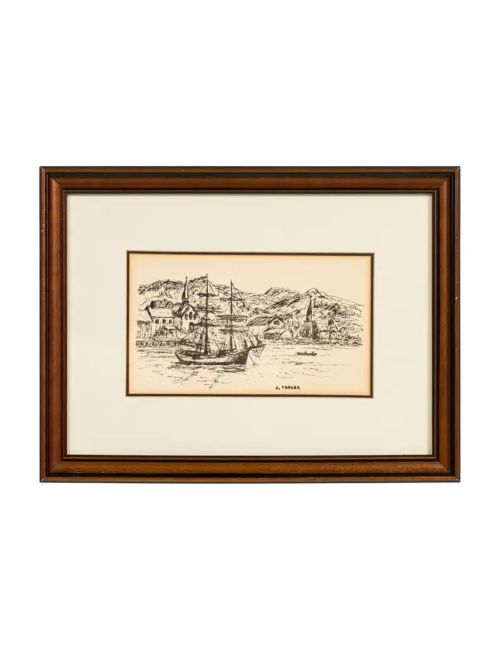 American Country Seascape Sketch Of A Port Town And A Sail Boat