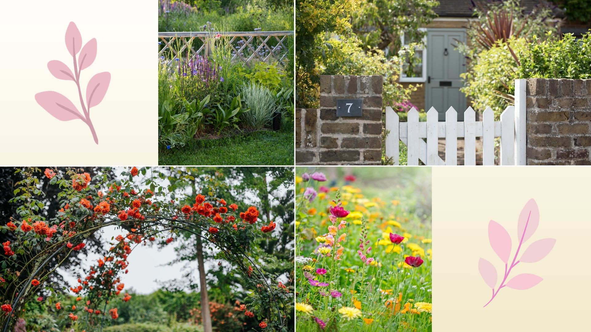 composite of different elements of a typical cottage style garden 