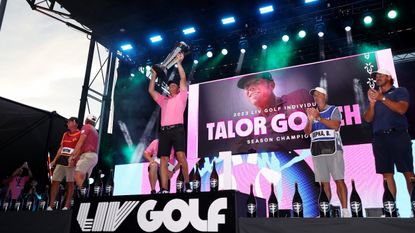 Cameron Smith, Talor Gooch and Brooks Koepka on the stage with their trophies for their positions in the individual standings