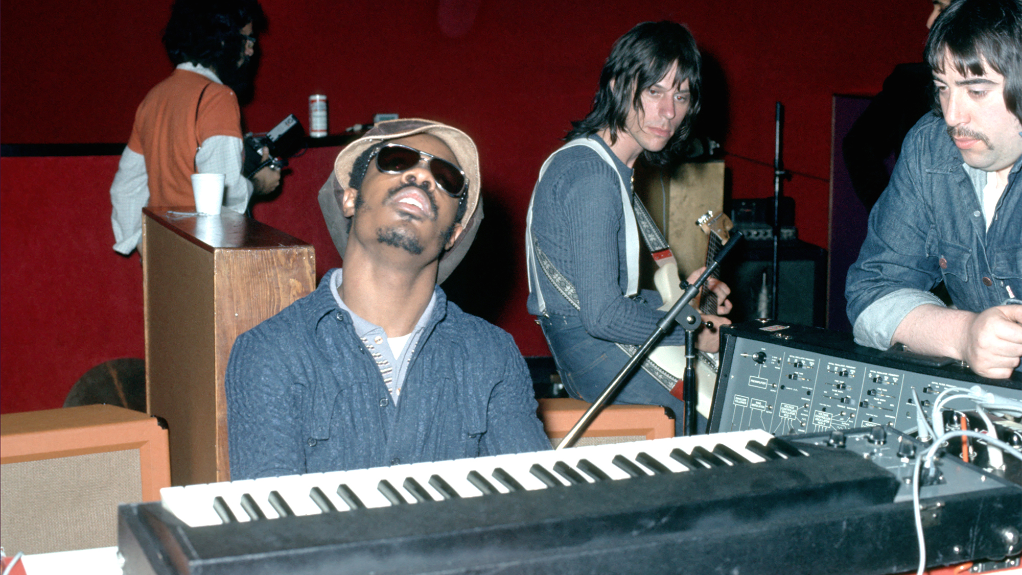Stevie Wonder and Jeff Beck (center) in the recording studio circa 1972.