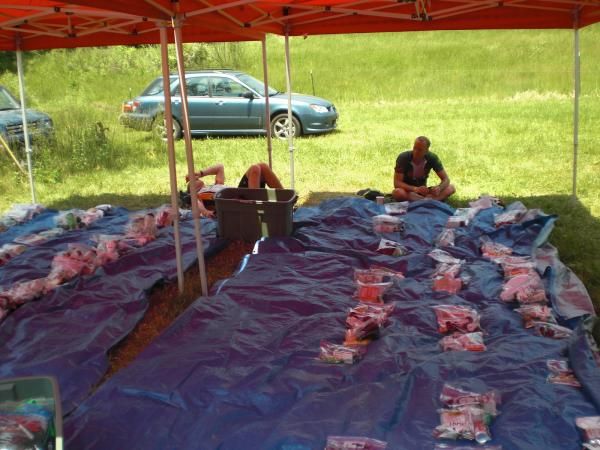 Aid station bags all lined up and ready for the racers