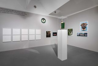 images on walls, item on plinth in perspex box. Art installation