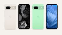 Four Google Pixel 8a handsets, in different colors, against a grey background