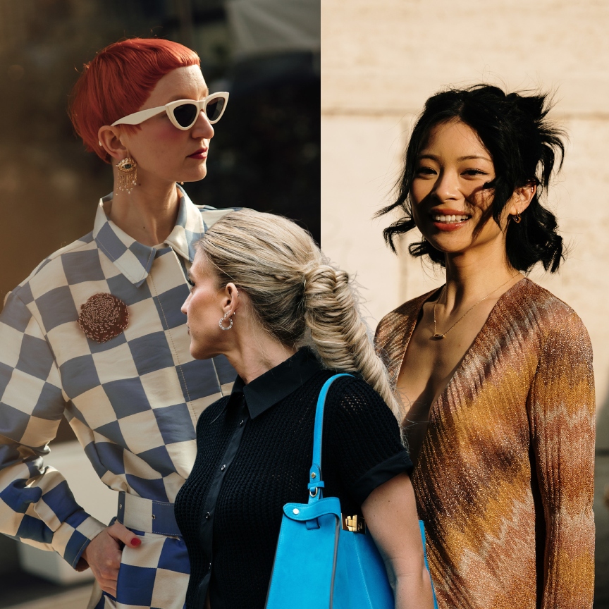 collage of three women in milan wearing stylish outfits and hairstyles
