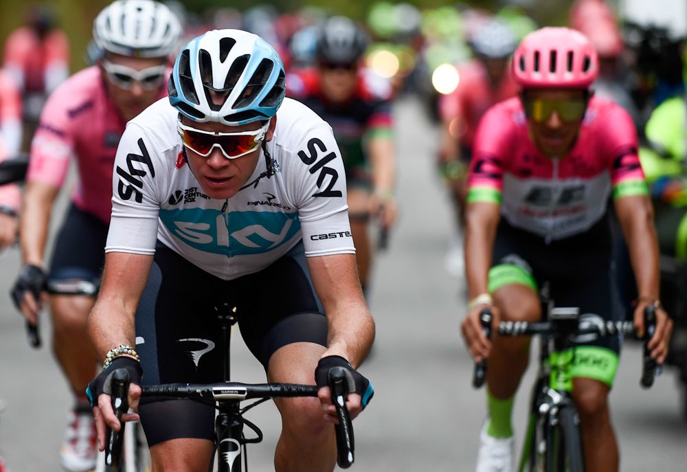 Chris Froome rides next to Colombian Daniel Martinez during the Giro de Rigo race in San Rafael