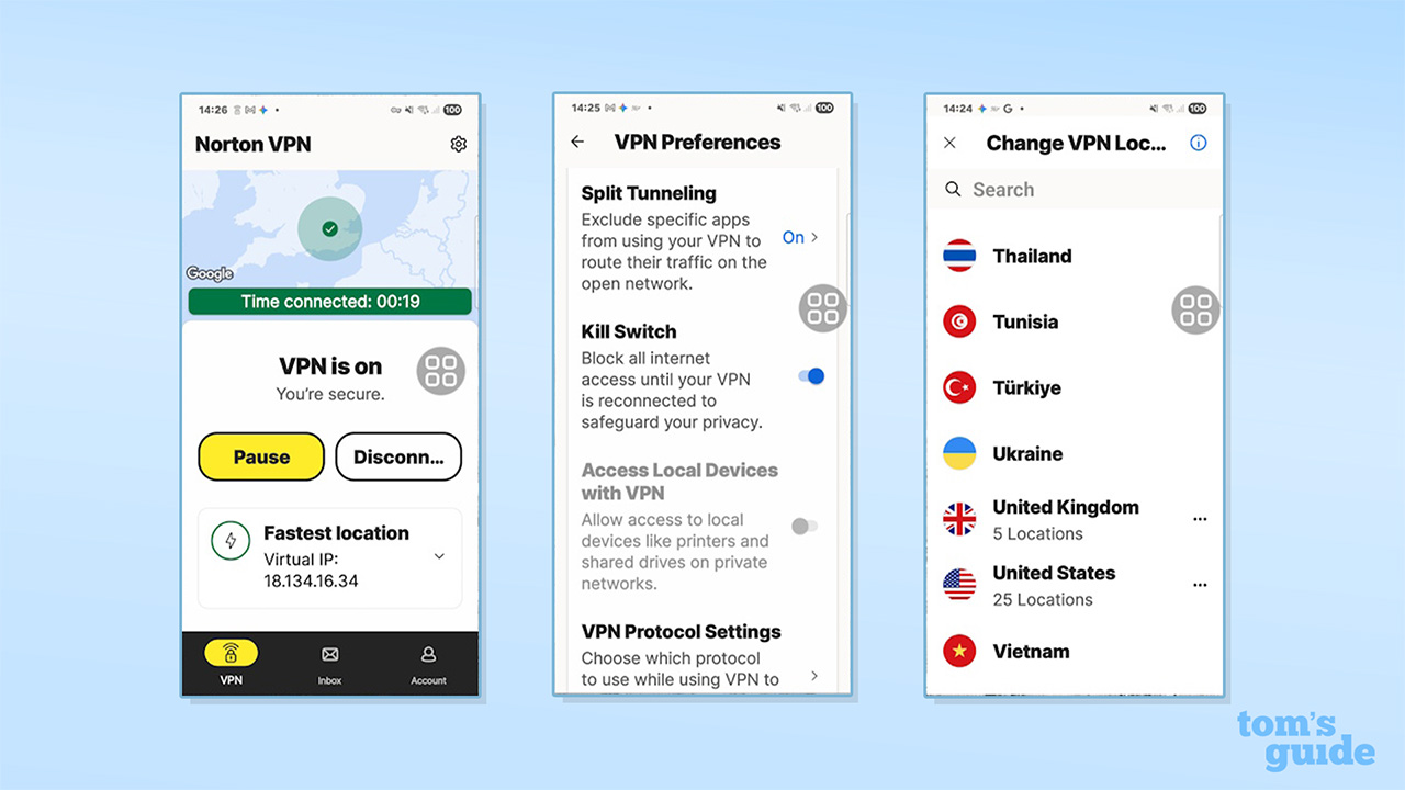 Three screenshots of Norton VPN's Android app