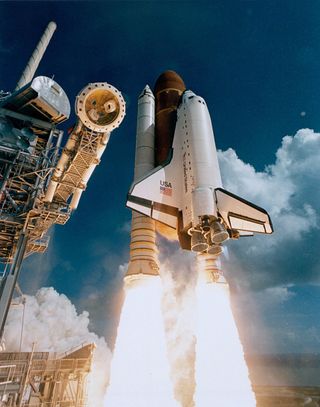 The STS-51J mission was the first flight of the space shuttle Atlantis, which launched on Oct. 3, 1985 to deliver a communications satellite for the Department of Defense. Atlantis landed at Edwards Air Force Base in Calif. on Oct. 7, 1985 after a success