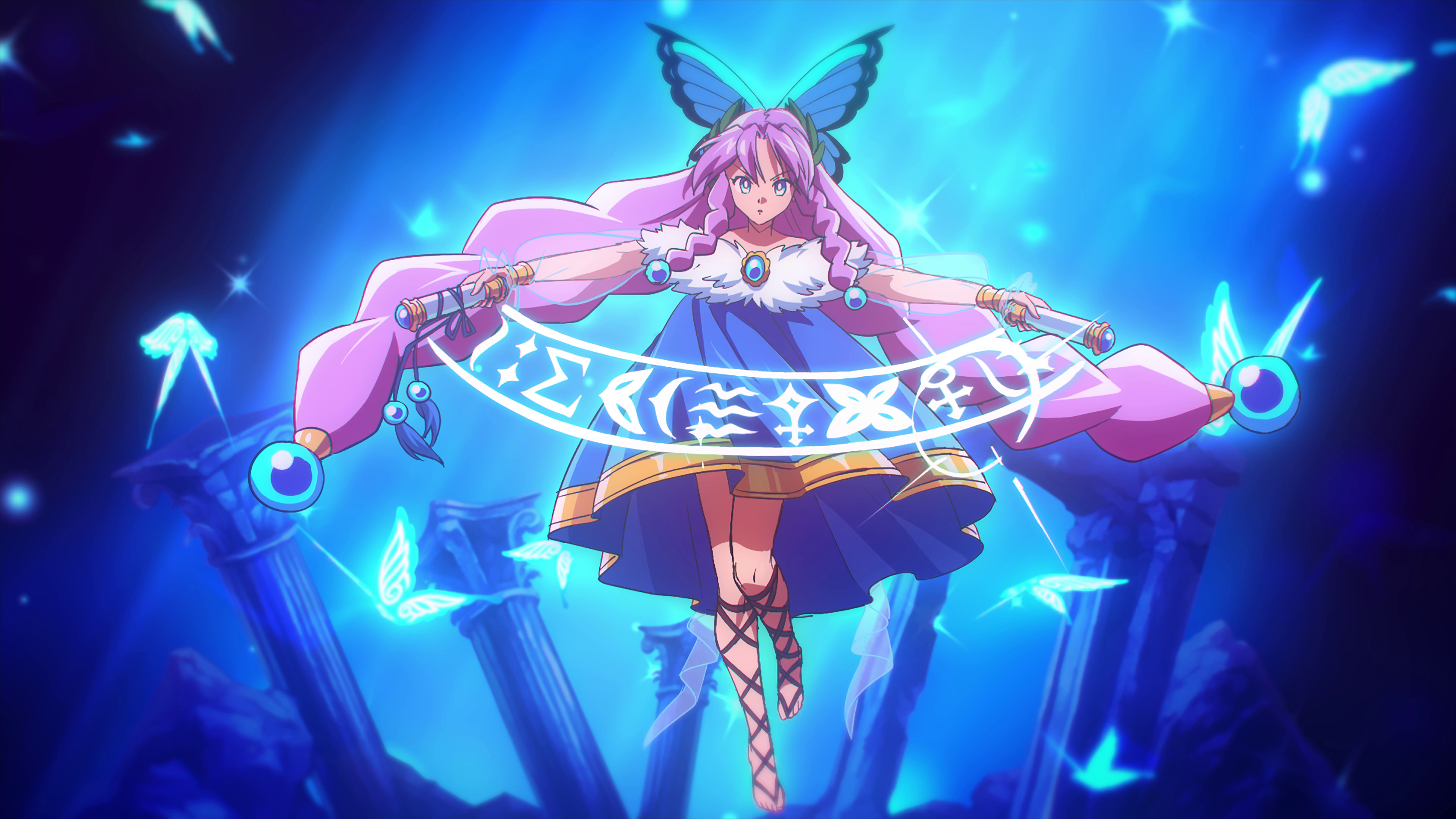 An image shows a character with pink hair and surrounded by glowing butterflies in Hell Maiden