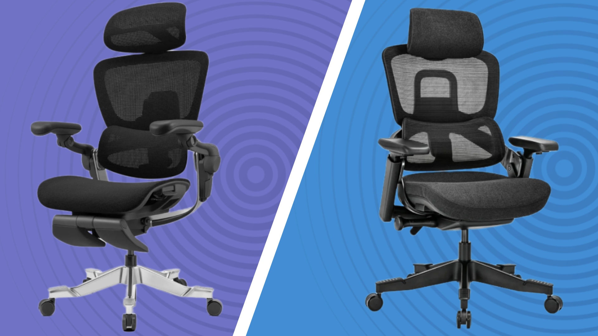 A split-screen showing the Hinomi H2 Pro against a purple TechRadar radar background, with the H2 Classic on a blue radar style background
