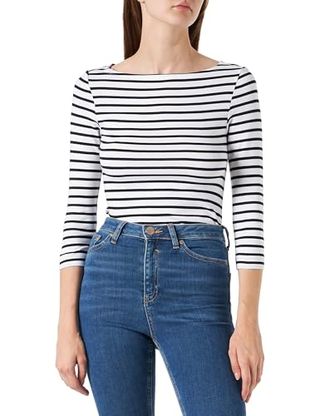 Amazon Essentials Women's Slim-Fit 3/4 Sleeve Solid Boat Neck T-Shirt, White Stripe, Medium