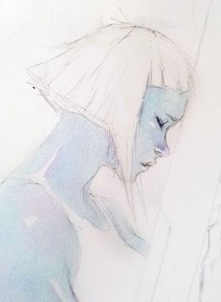 Futuristic woman portrait with a wash of light blue colours