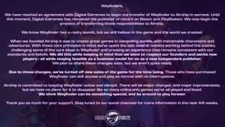 Message announcing that sales of Wayfinder on Steam are being halted