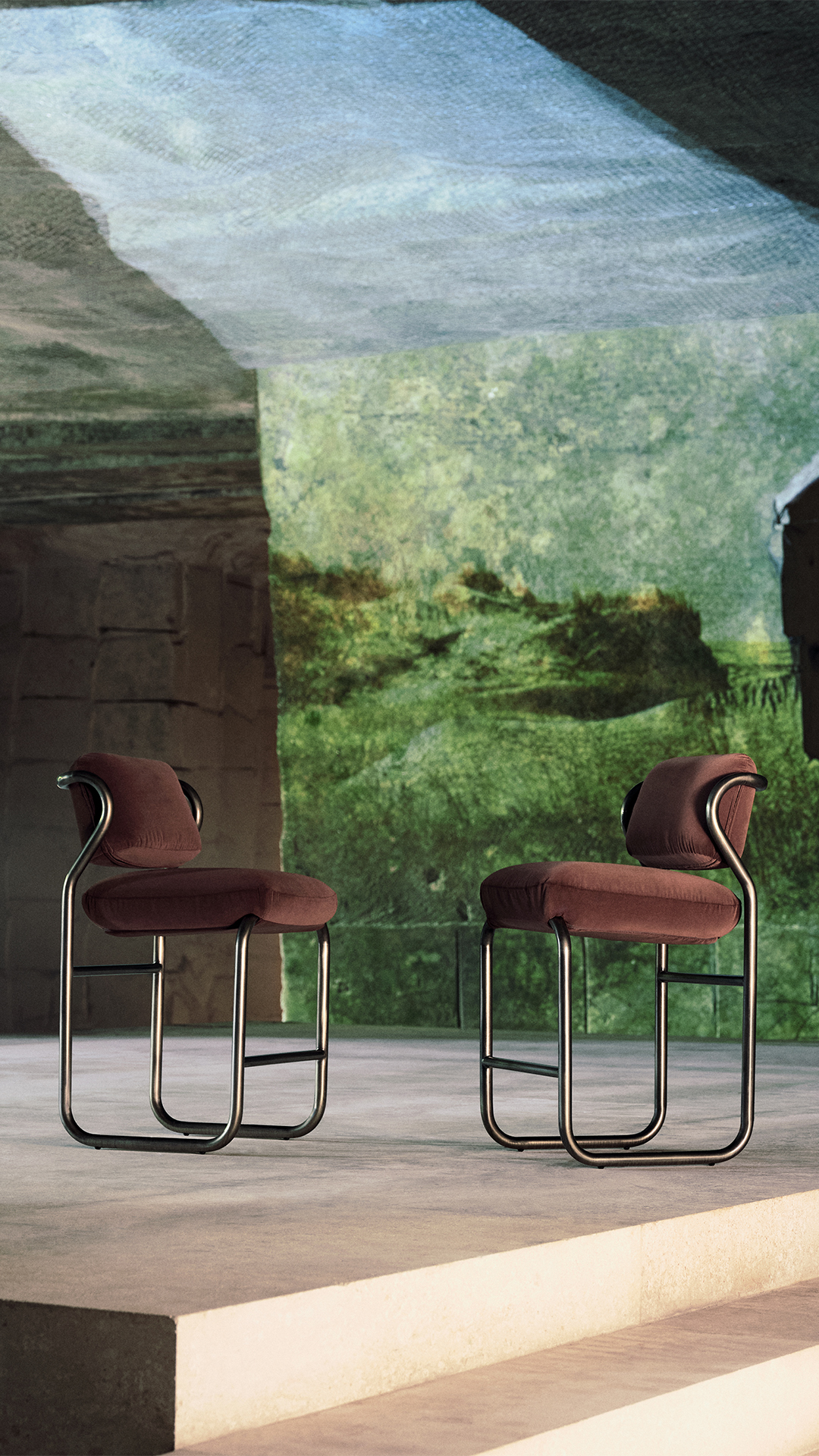 Curved stainless steel-framed stools from Exteta's 'Modernista' collection