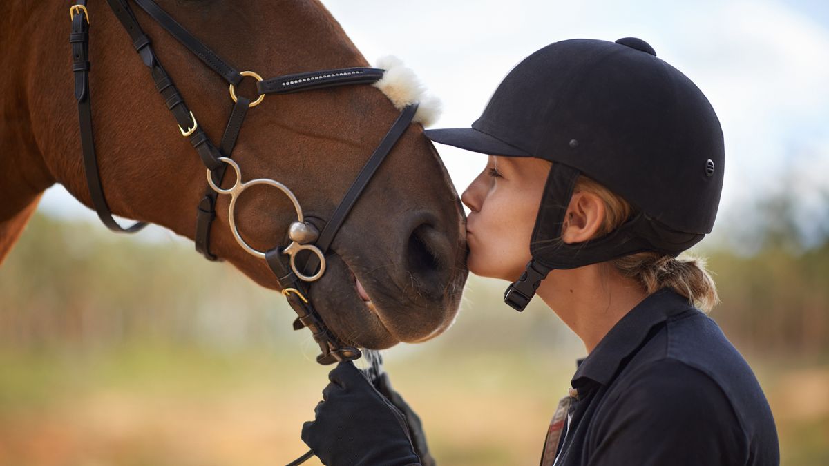 Rider kissing horse&#039;s nose