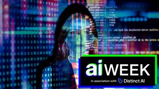 A women overlaid by a projection of code. Text reads AI Week