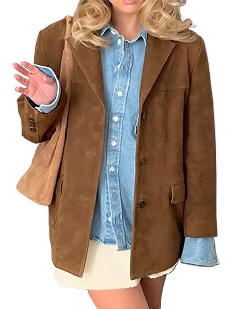 IDEALSANXUN, Suede Jacket Women Fall Jackets for Women 2025 Chocolate Brown Fall Clothes Faux Leather Jacket Blazer Trench Coat Winter Coats, Brown, M