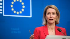 EU High Representative for Foreign Affairs Kaja Kallas talks to media at the end of an EU foreign Affairs Ministers meeting in Brussels