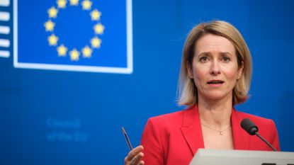 EU High Representative for Foreign Affairs Kaja Kallas talks to media at the end of an EU foreign Affairs Ministers meeting in Brussels