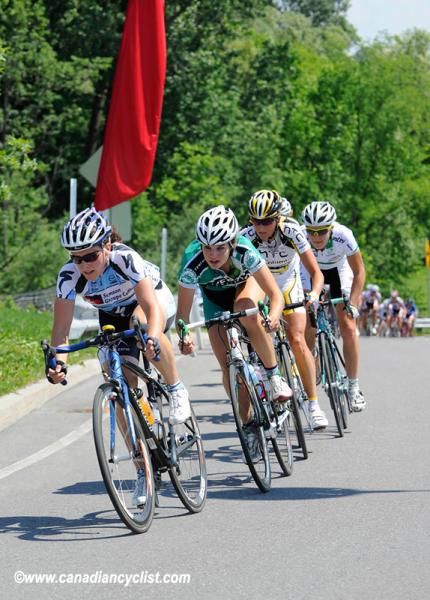 Tara Whitten (Specialized Mazda Samson G Conseil) leads Joelle Numainville (Webcor Builders) just before the start of the last lap.