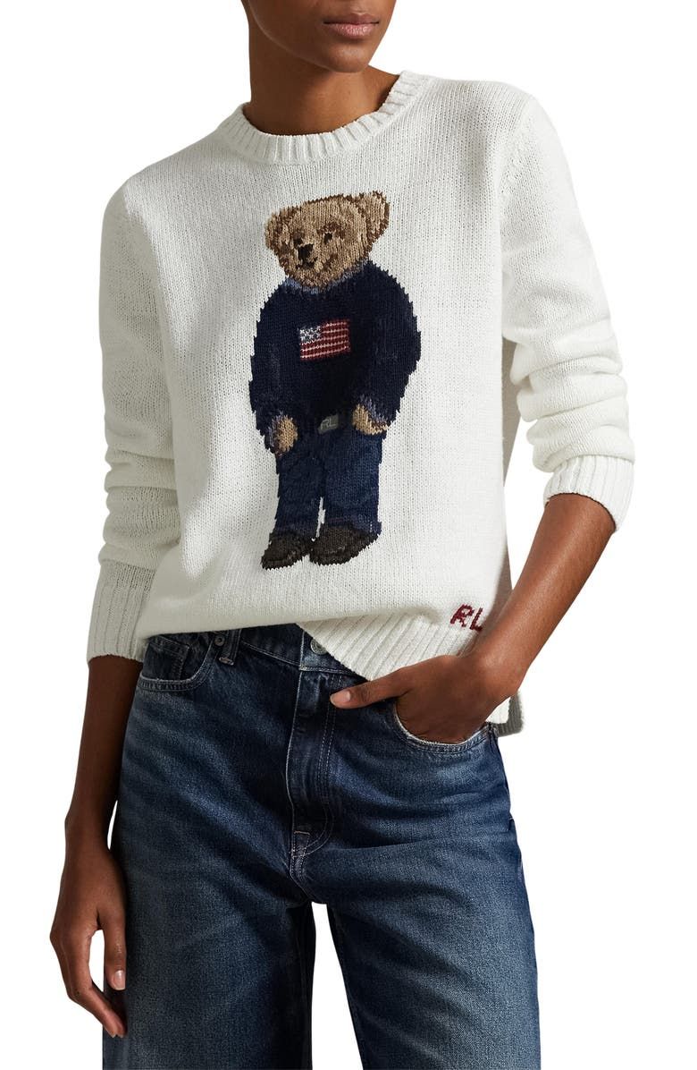Polo Bear Embroidered Linen & Cotton Crewneck Sweater