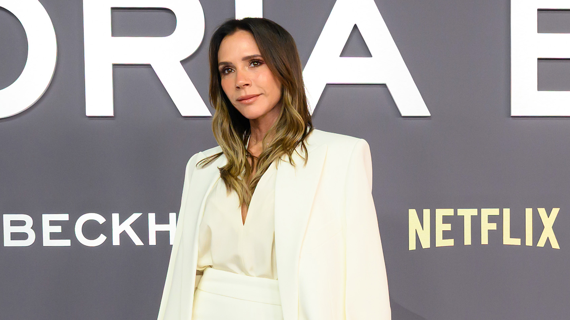 LONDON, ENGLAND - OCTOBER 08: Victoria Beckham attends the "Victoria Beckham" World Premiere at the Curzon Mayfair on October 08, 2025 in London, England. (Photo by Karwai Tang/WireImage)