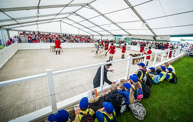 Tim Easby, director of the Masters of Foxhounds Association explains the judging to a group of visiting schoolchildren