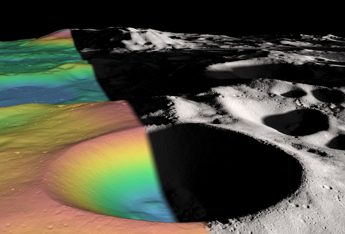 NASA&#039;s Lunar Reconnaissance Orbiter (LRO) spacecraft revealed that as much as 22 percent of the material found in Shackleton crater, at the lunar south pole, may be made up of ice. This split image shows an elevation map (left) and a shaded-relief map (right) of Shackleton.