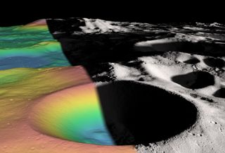 NASA's Lunar Reconnaissance Orbiter (LRO) spacecraft revealed that as much as 22 percent of the material found in Shackleton crater, at the lunar south pole, may be made up of ice. This split image shows an elevation map (left) and a shaded-relief map (right) of Shackleton.