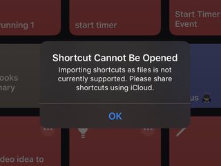 Screenshot showing warning from Shortcuts as the author tried to import a .shortcut file, reading