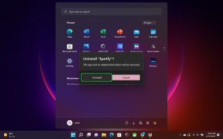 Start menu open showing Spotify uninstall dialog