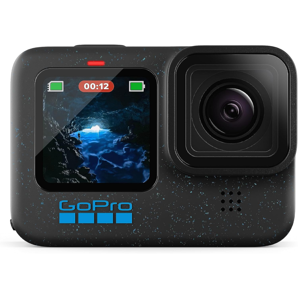 Product image showing a front view of the GoPro Hero12 Black with front screen and lens.