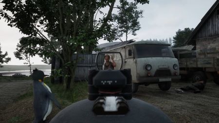 A penguin aiming down the reflex sight on his helmet to shoot a man, as another penguin does the same to one side. Yes this is a weird screenshot.